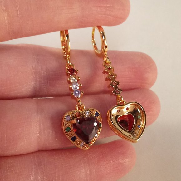 18K Yellow Gold Filled Luxury Garnet Red Heart Diamond Zircon Dangle Earrings - Picture 5 of 8